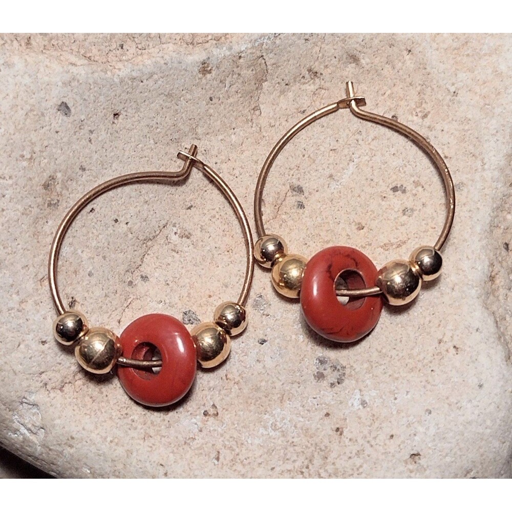 Jasper Stone Disk Beaded Small Hoop Earrings Gold Plated